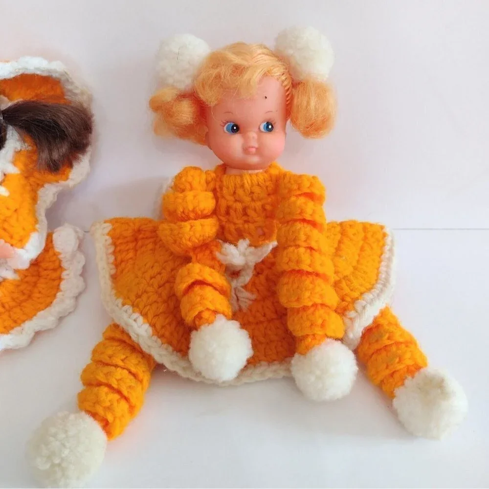 Vintage Mid Century Set Of Bed Pillow Sitter Dolls Orange Crocheted Dresses